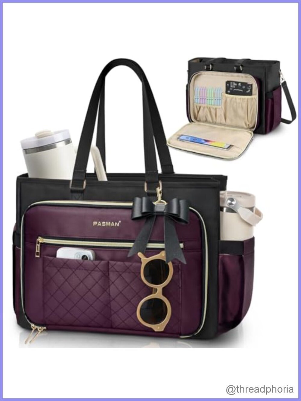 Teacher Tote Bag Women Structured Laptop Bag Cup Holder Water-Resistant Oxford